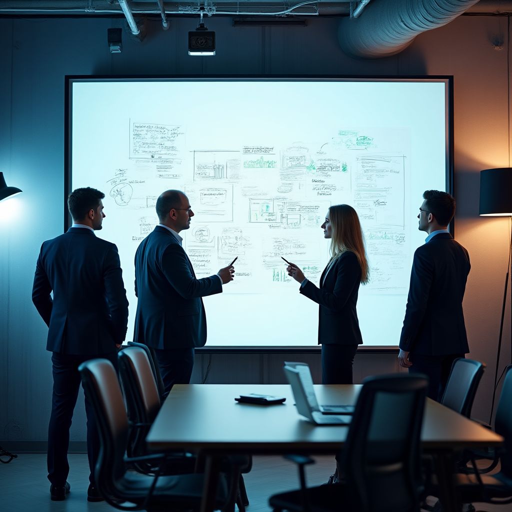 Equipo trabajando en pizarras de estrategia