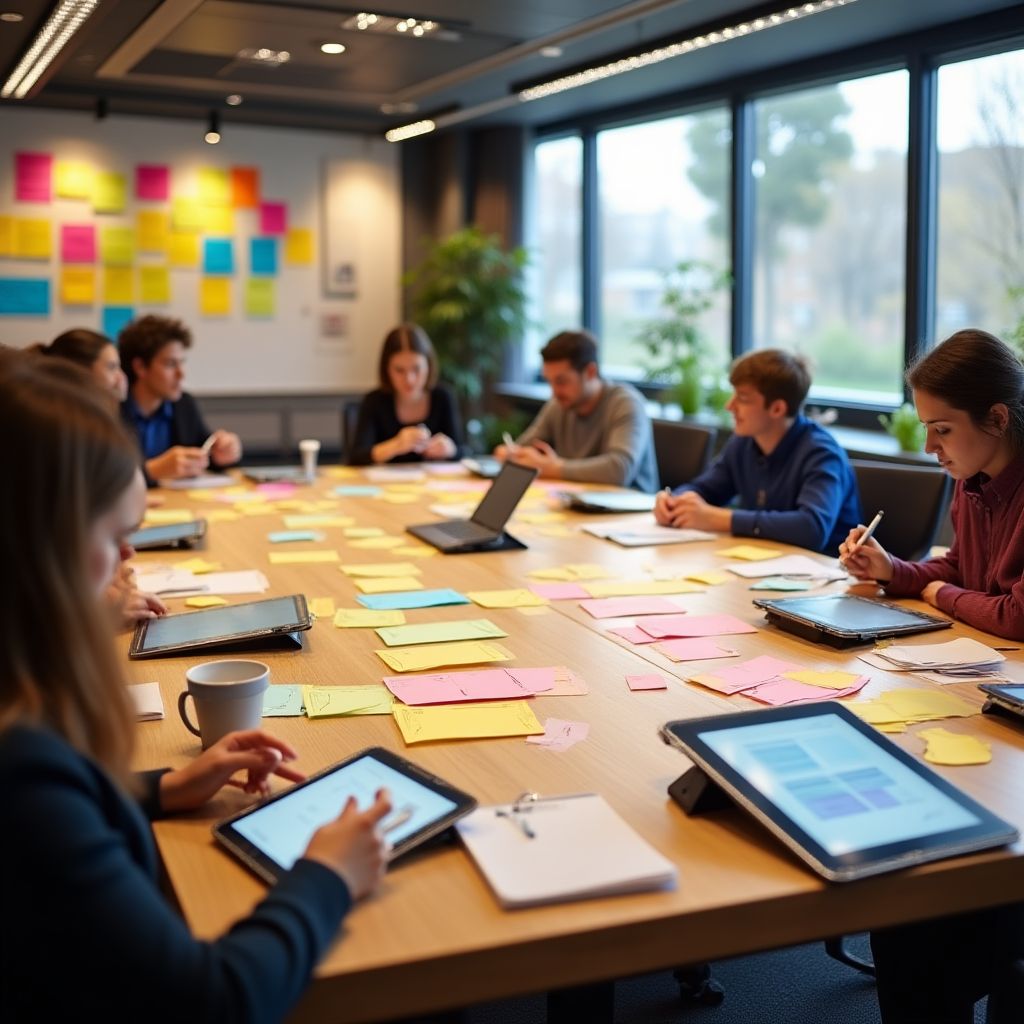 Sesión de innovación con post-its y tablets